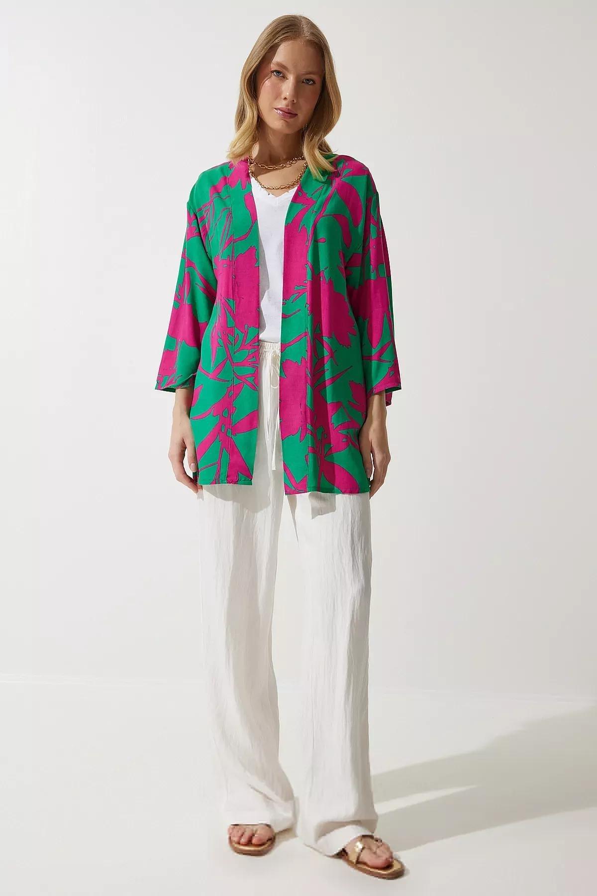 Womens Green Pink Patterned Viscose Kimono EN00615, single, , large image number 6