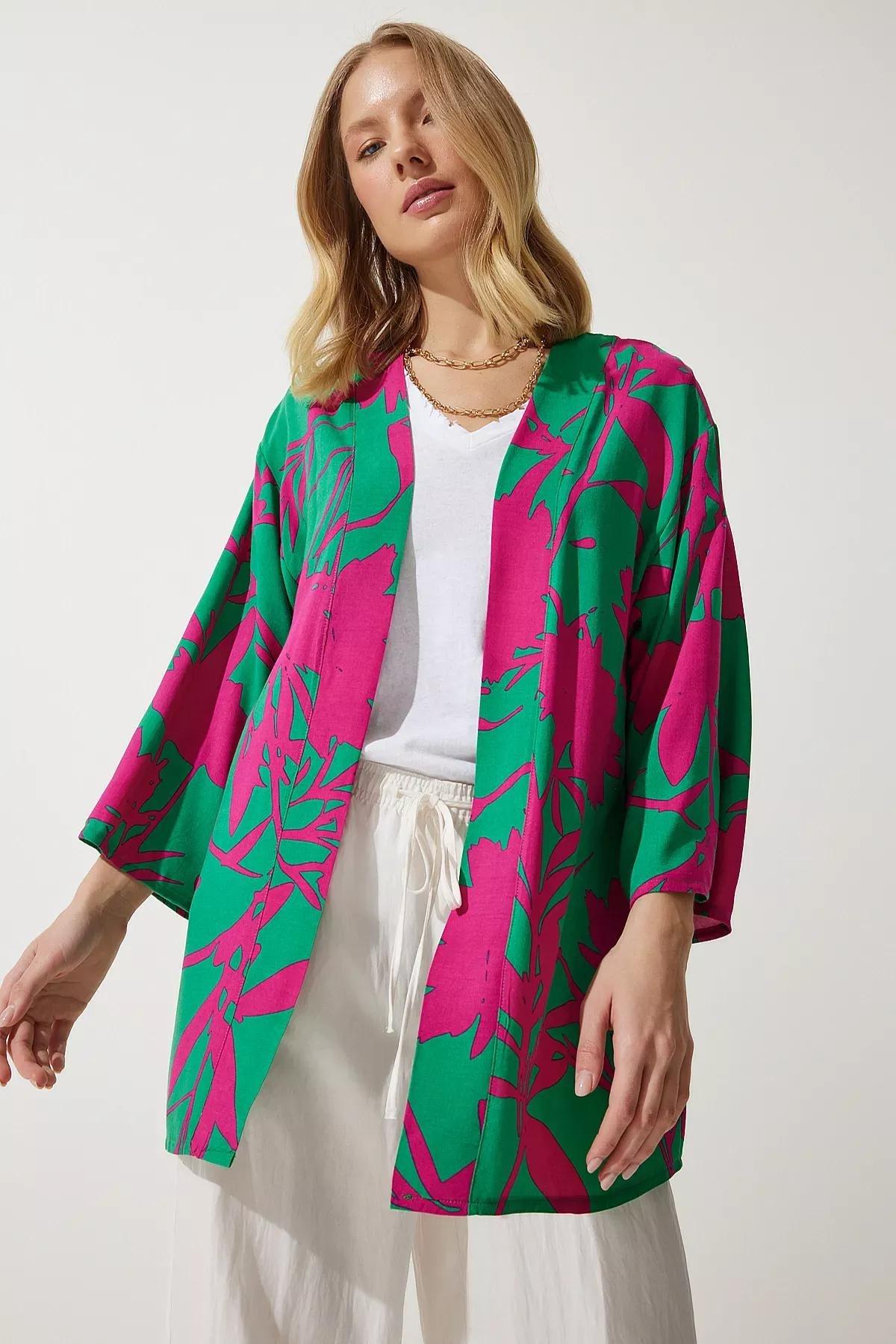 Womens Green Pink Patterned Viscose Kimono EN00615, single, , large image number 7