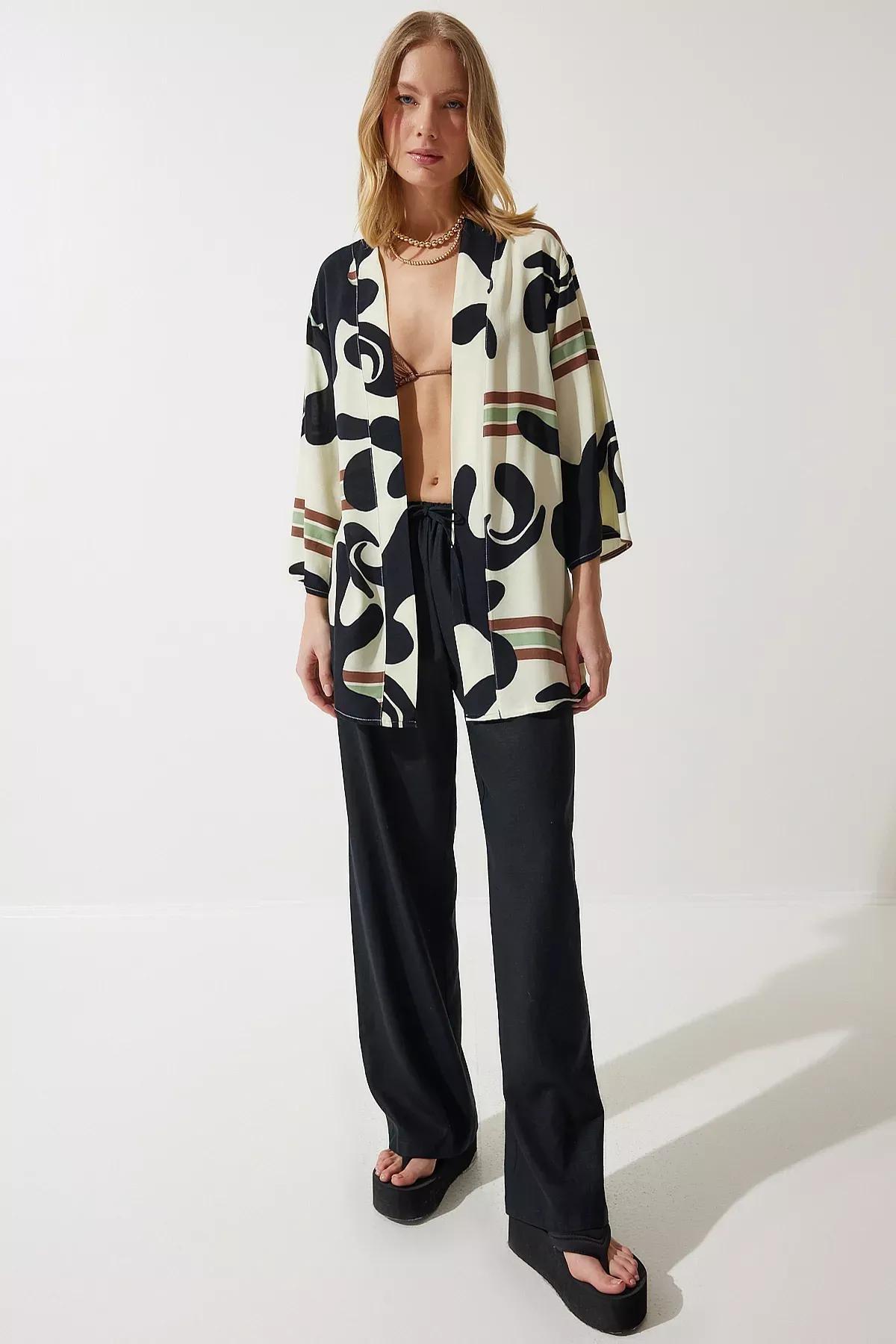 Black White Patterned Kimono, , medium