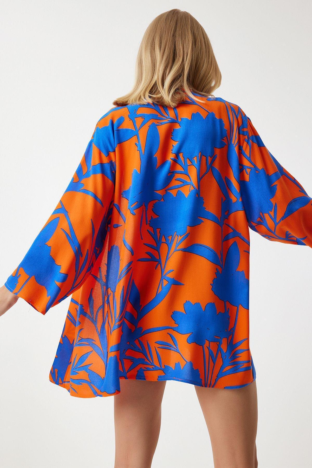 Blue Orange Patterned Kimono, , large image number 0