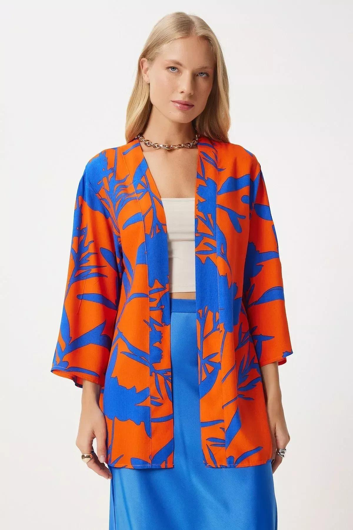Blue Orange Patterned Kimono, , large image number 0