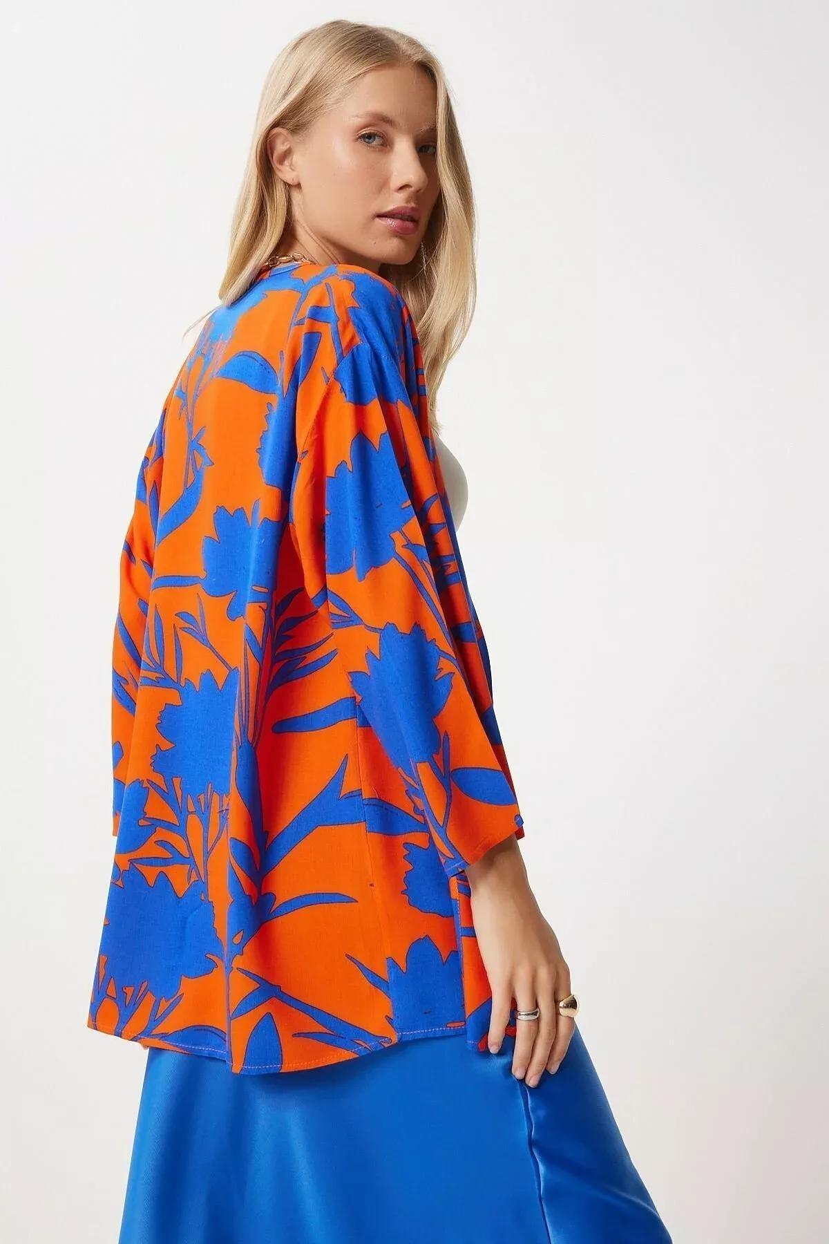 Blue Orange Patterned Kimono, , large image number 1