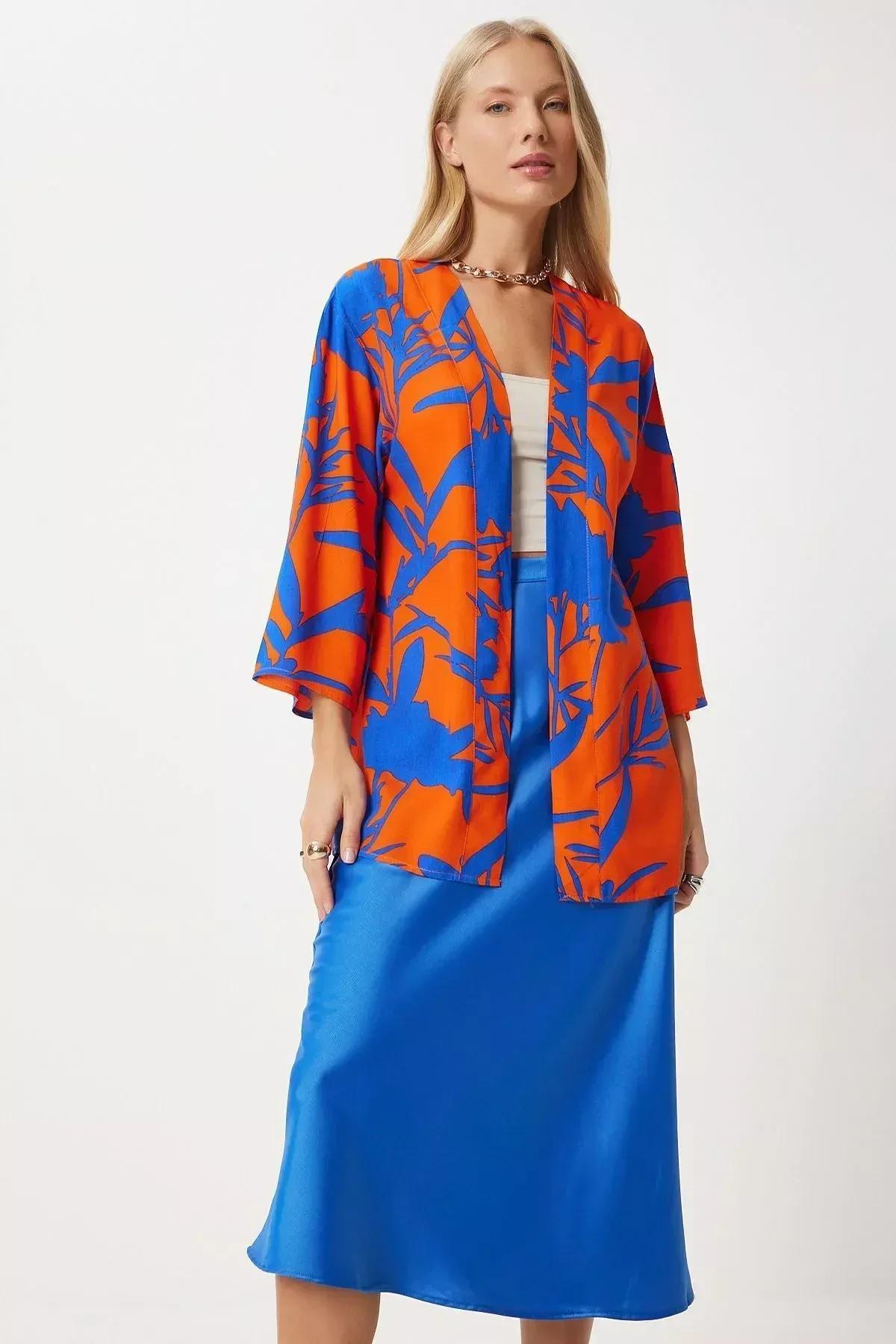 Blue Orange Patterned Kimono, , large image number 2