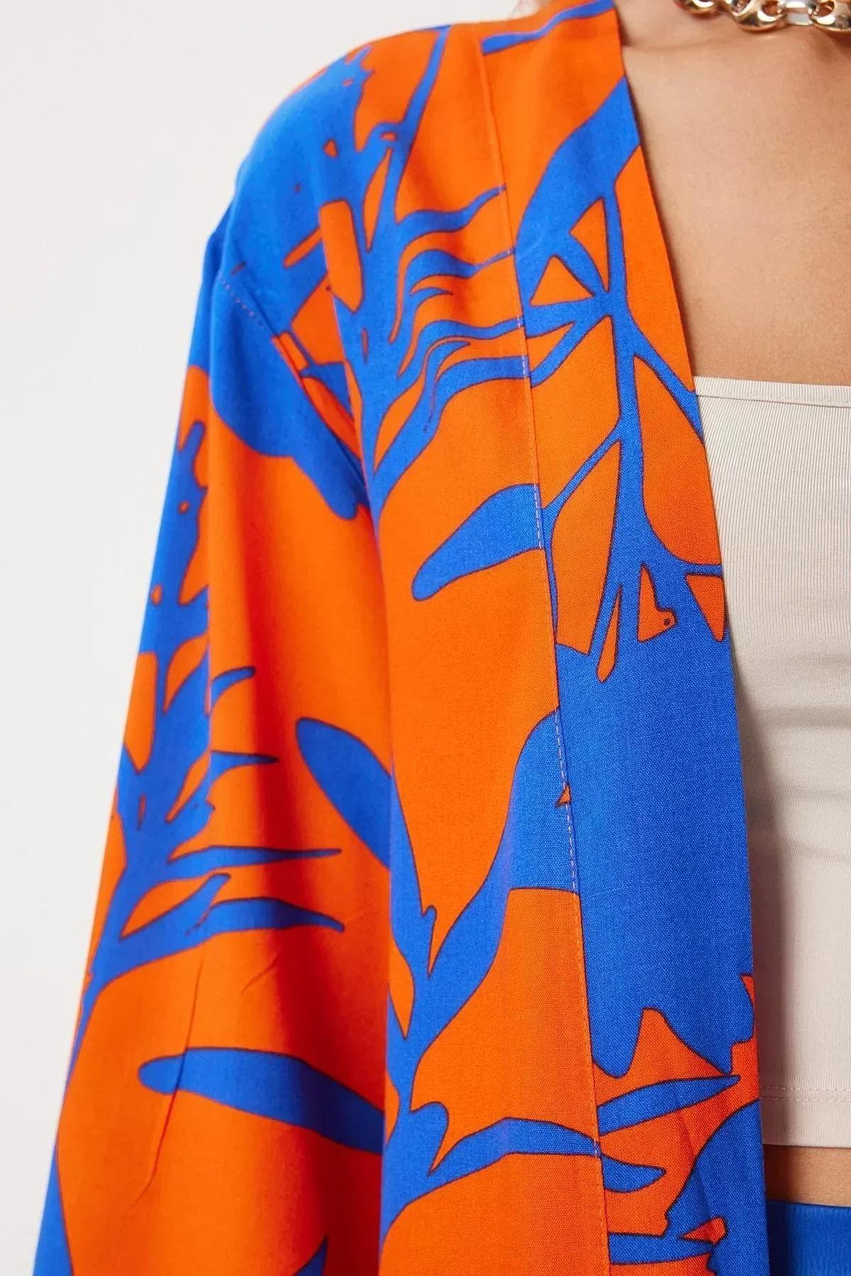 Blue Orange Patterned Kimono, , large image number 3