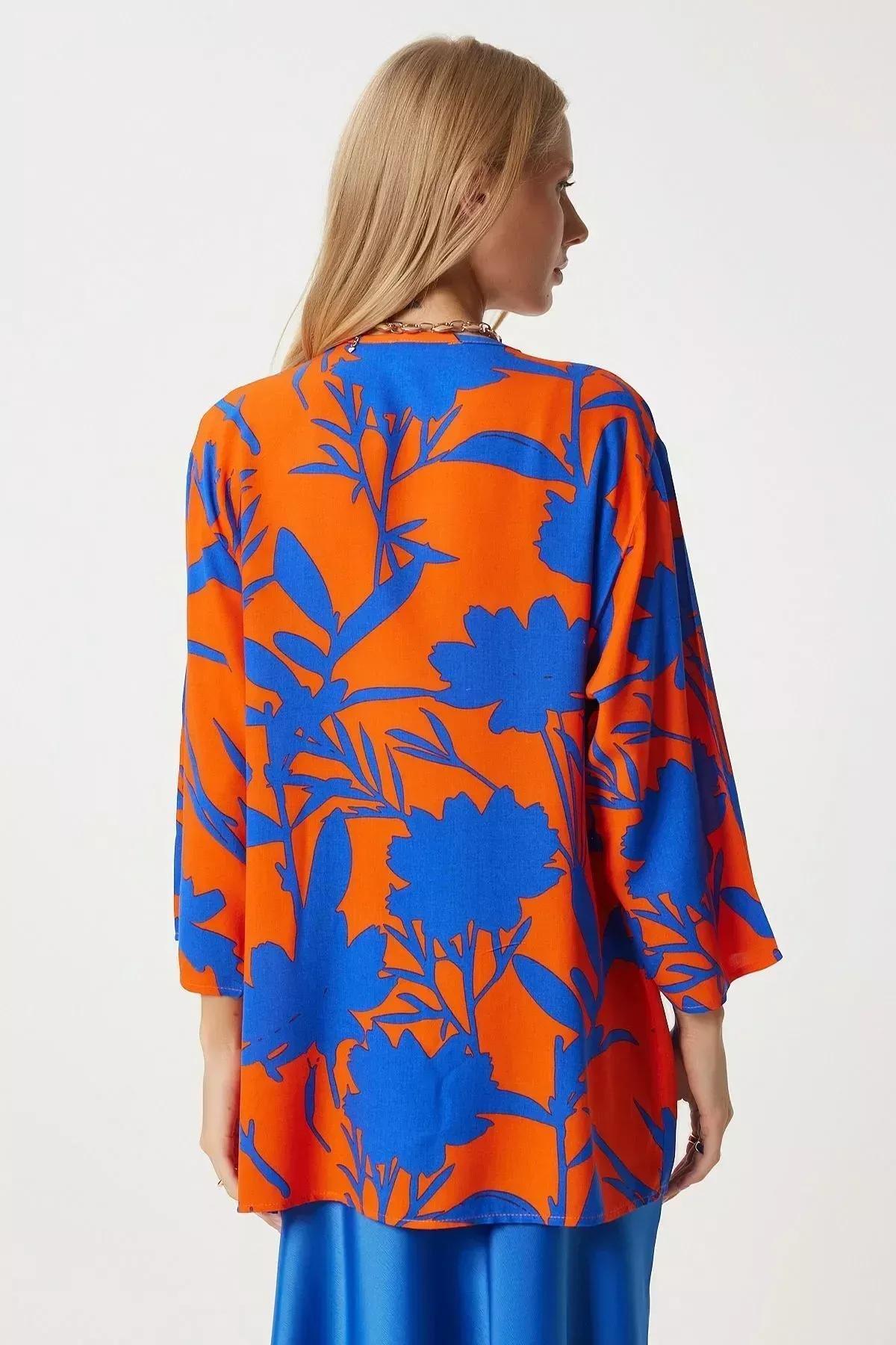 Blue Orange Patterned Kimono, , large image number 4