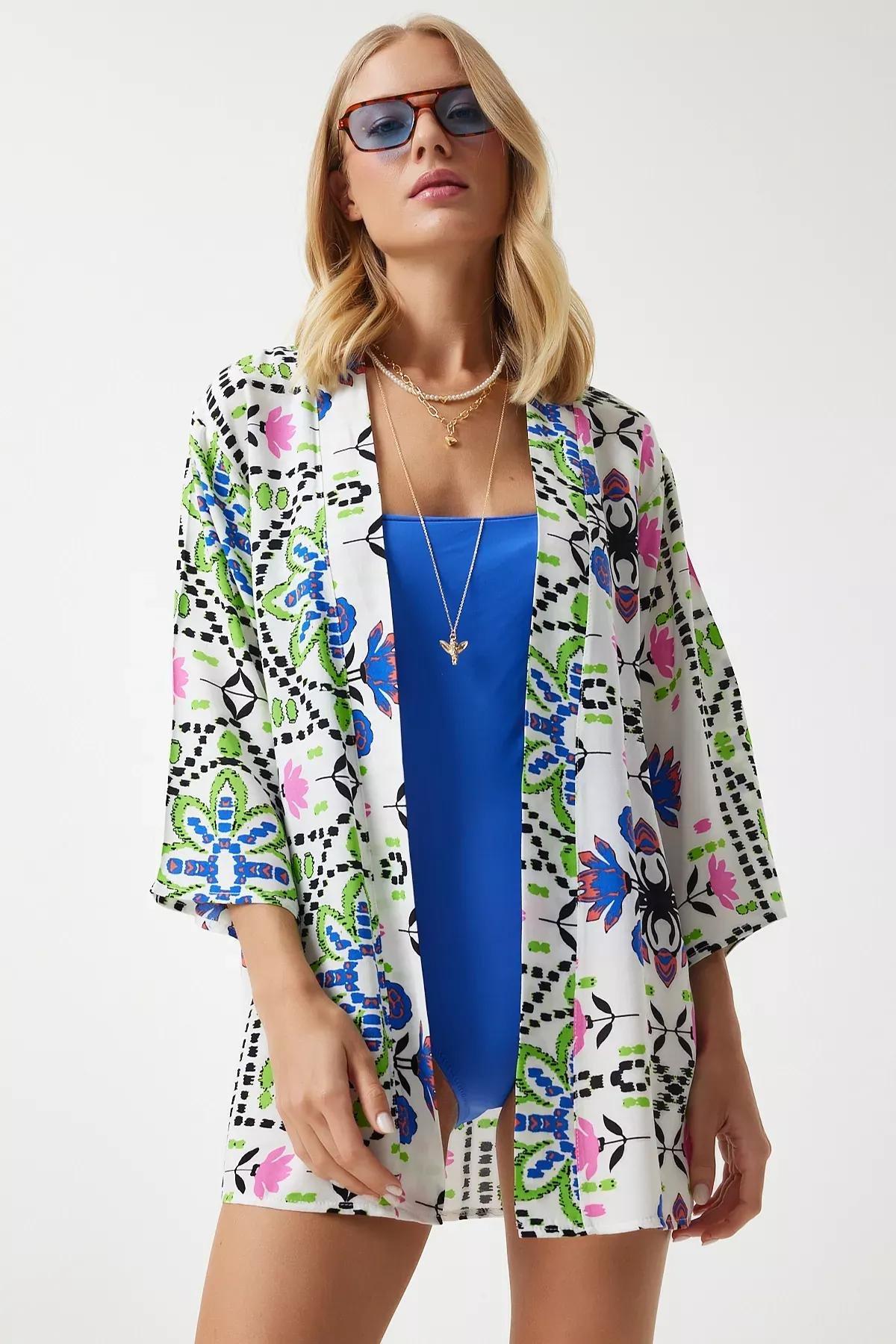 Green Blue Patterned Viscose Kimono, , large image number 0