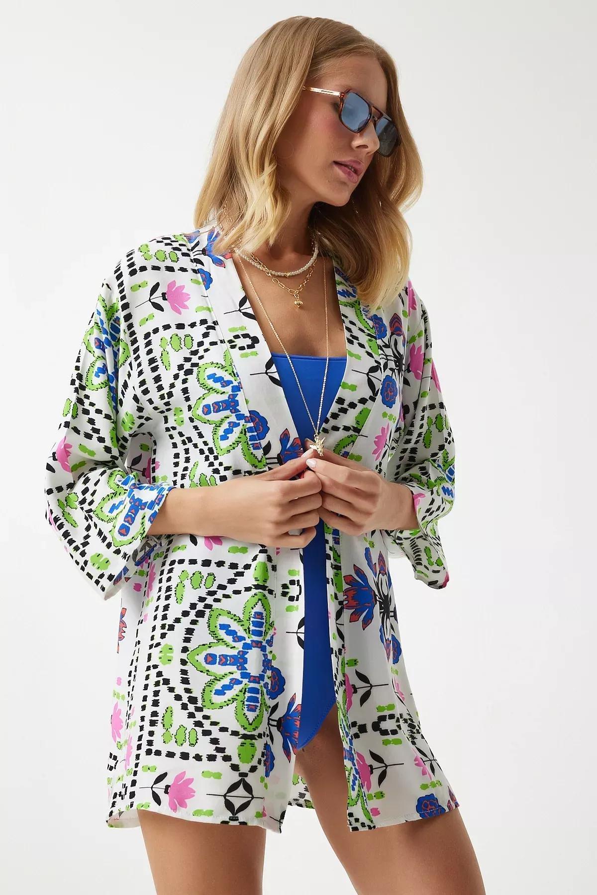 Green Blue Patterned Viscose Kimono, , large image number 2