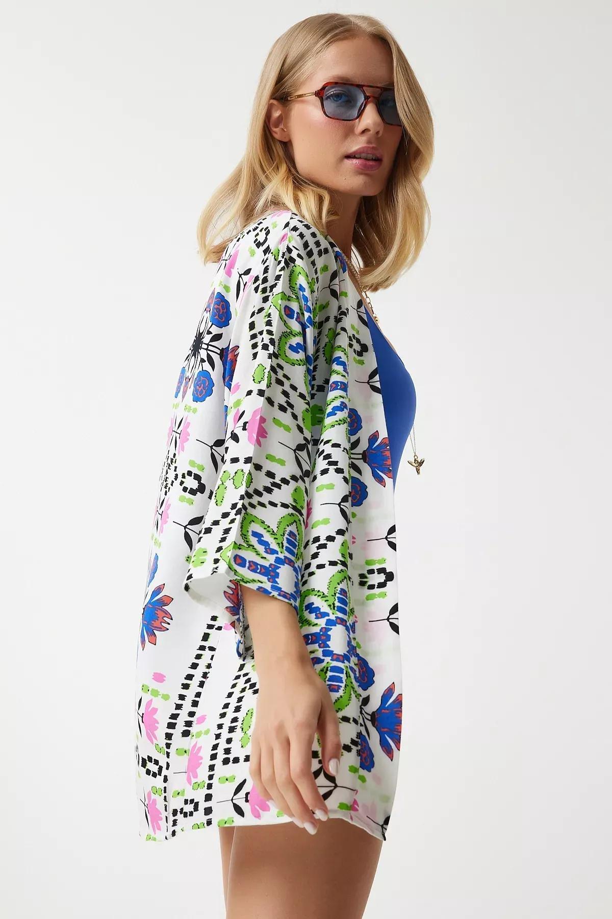 Green Blue Patterned Viscose Kimono, , large image number 3