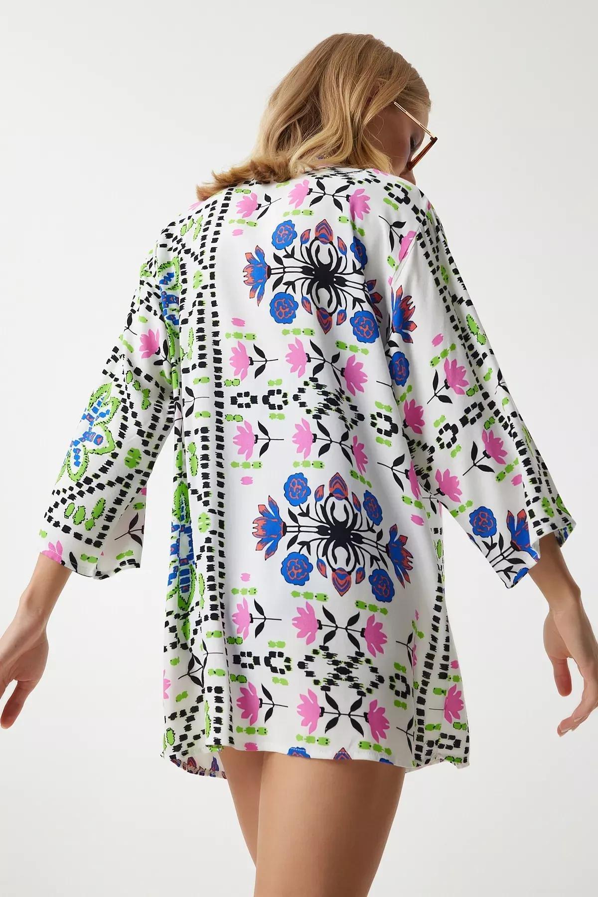 Green Blue Patterned Viscose Kimono, , large image number 4