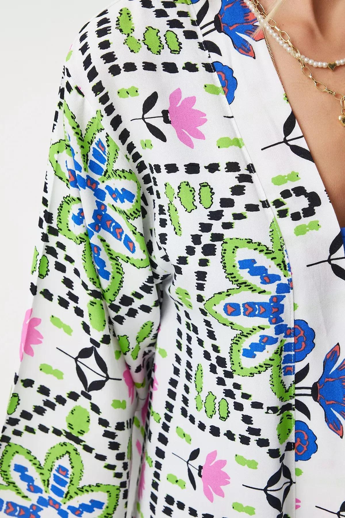 Green Blue Patterned Viscose Kimono, , large image number 7