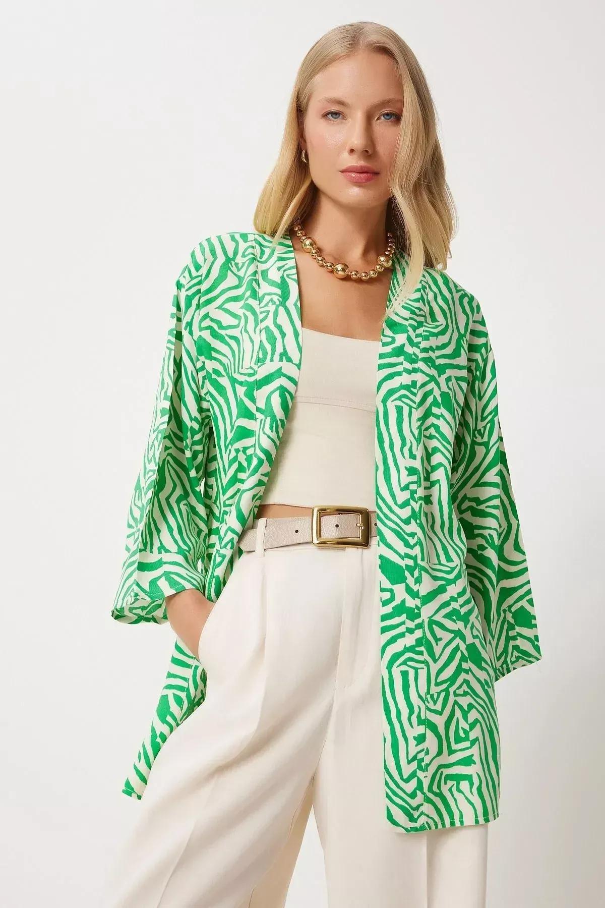 Green Bone Patterned Viscose Kimono, , large image number 0