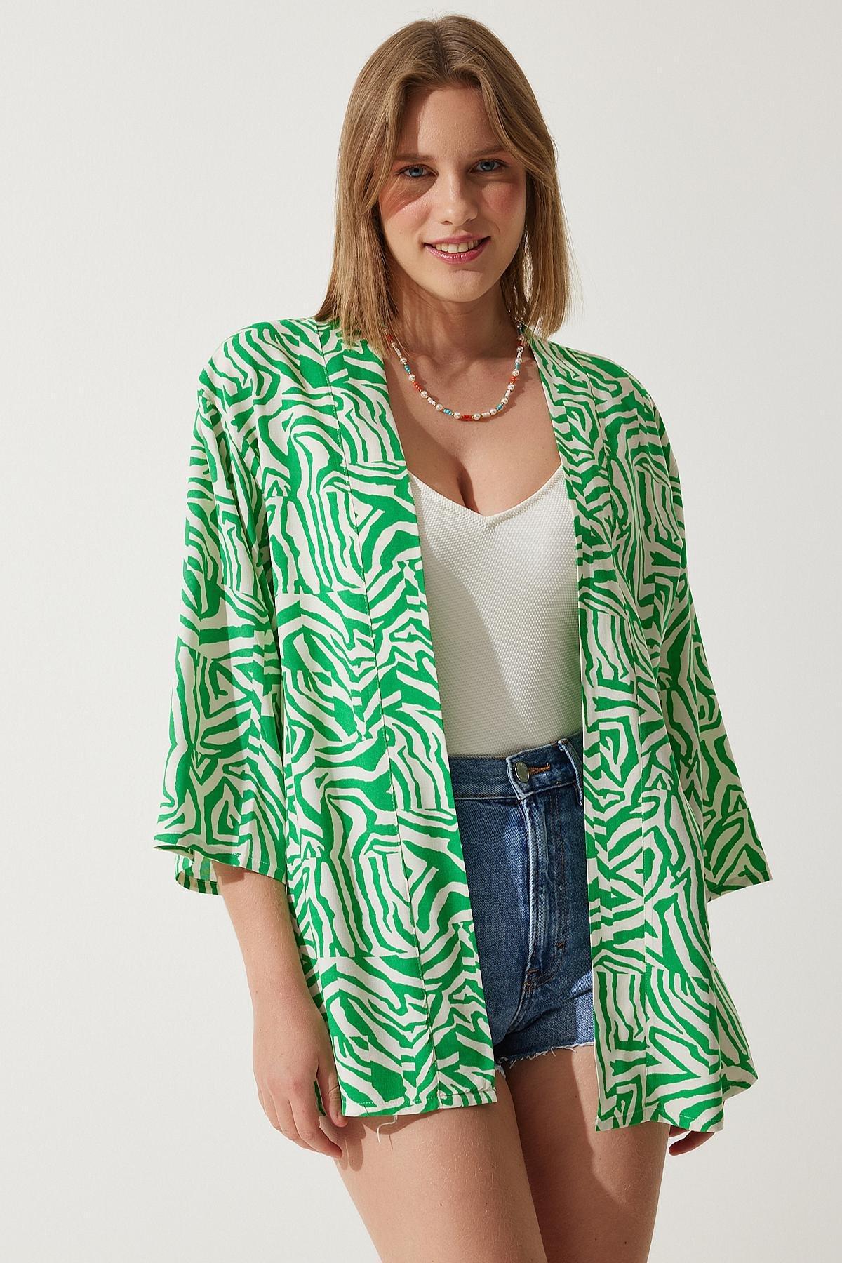 Green Bone Patterned Viscose Kimono, , large image number 1