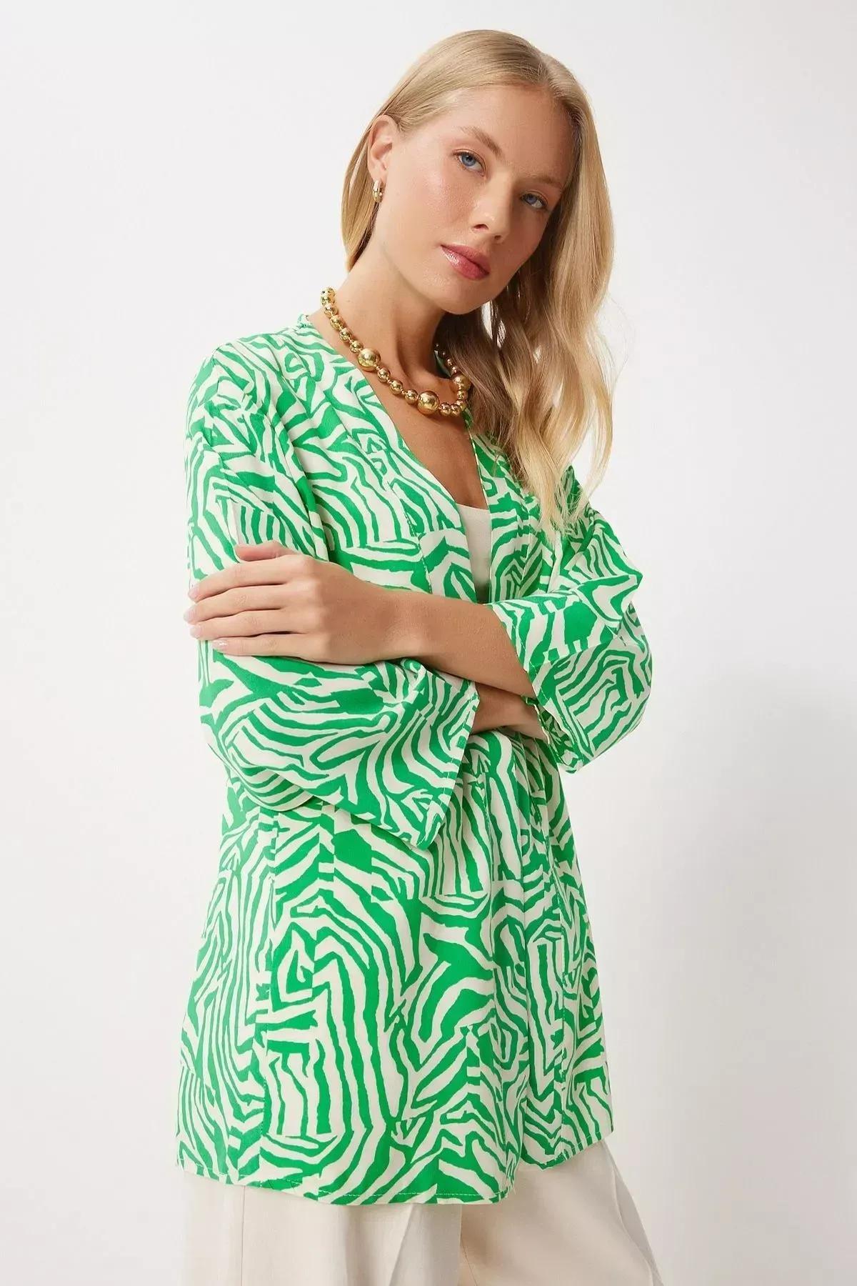 Green Bone Patterned Viscose Kimono, , large image number 1