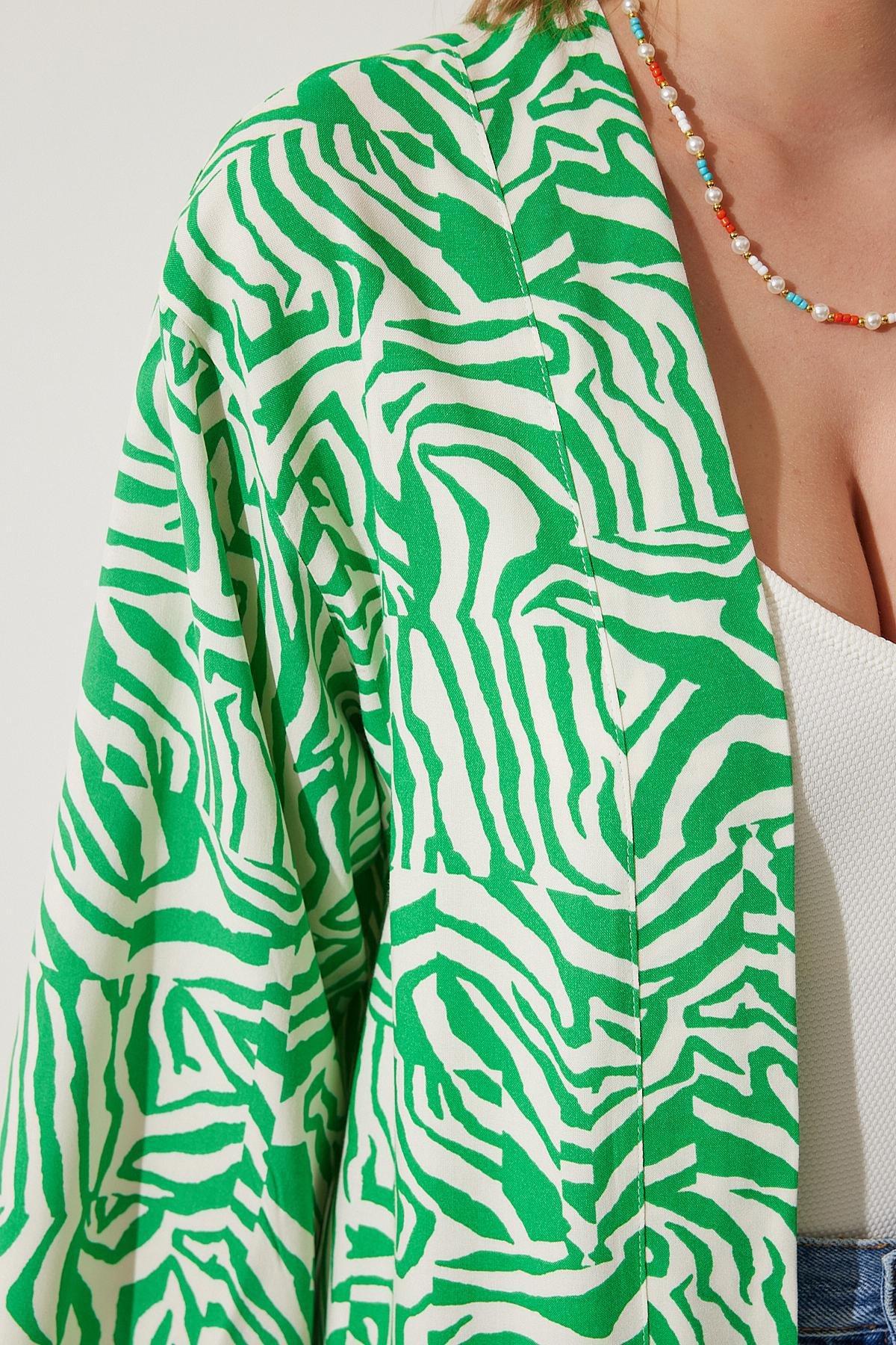 Green Bone Patterned Viscose Kimono, , large image number 2
