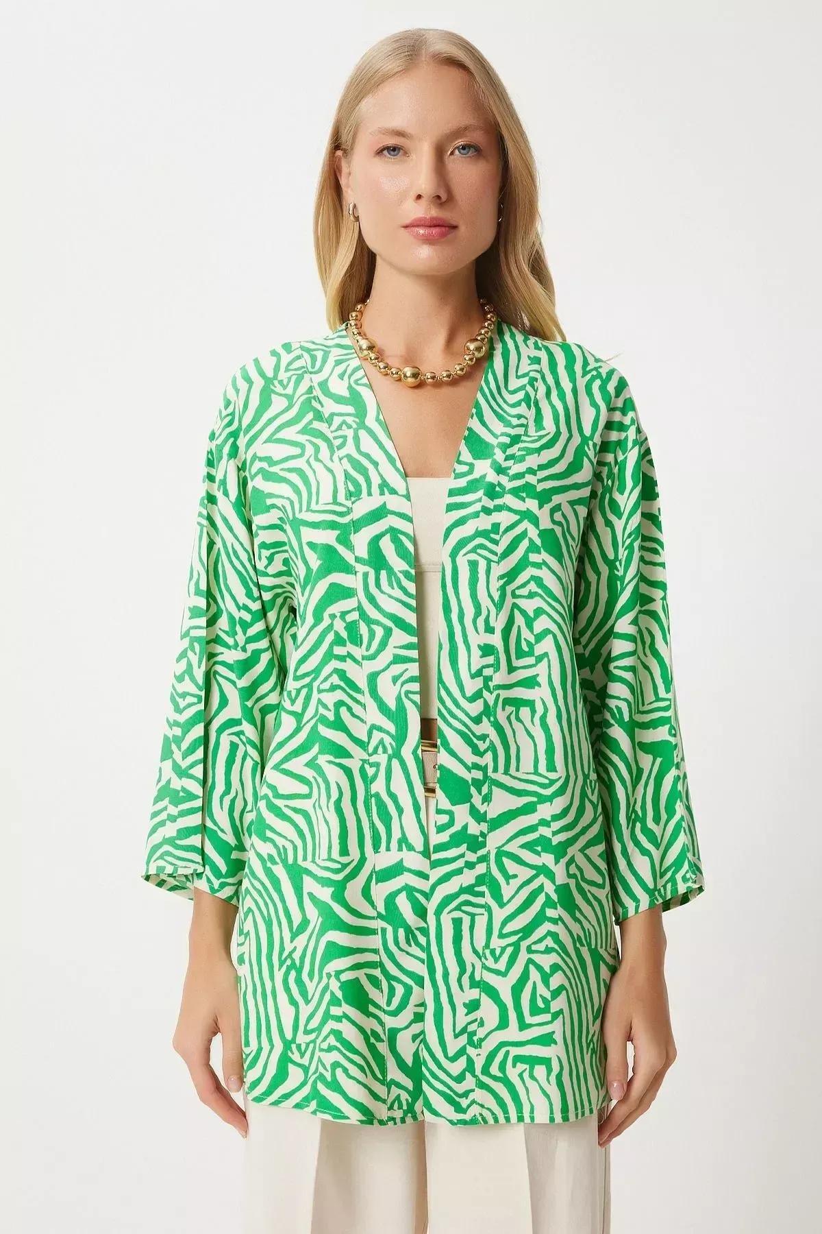 Green Bone Patterned Viscose Kimono, , large image number 2