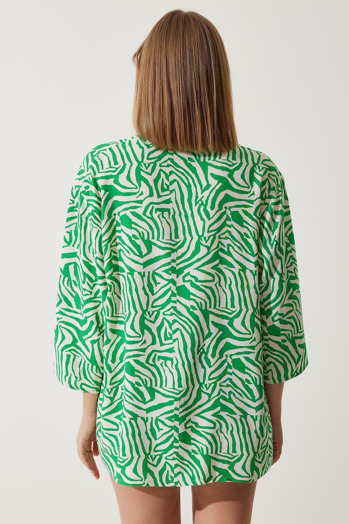 Green Bone Patterned Viscose Kimono, , large image number 3