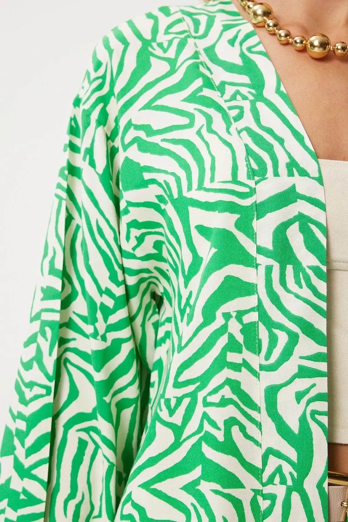 Green Bone Patterned Viscose Kimono, , large image number 3