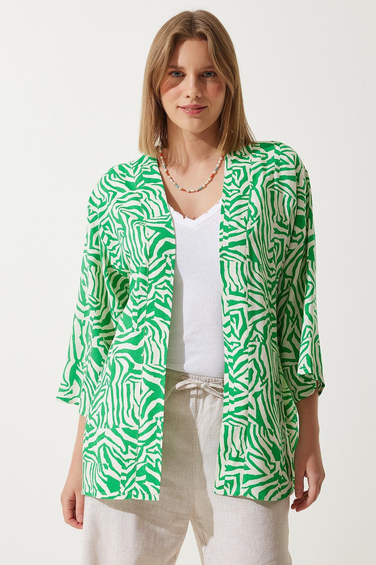 Green Bone Patterned Viscose Kimono, , large image number 4