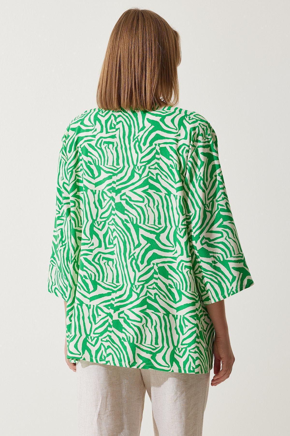 Green Bone Patterned Viscose Kimono, , large image number 5