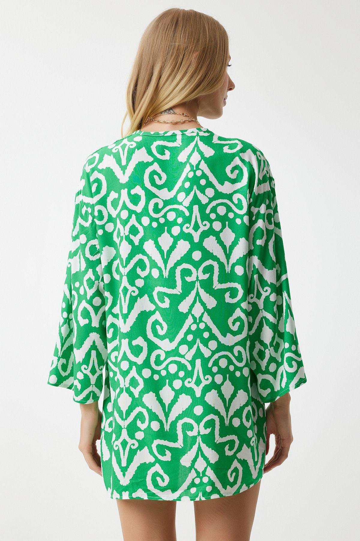 Womens Green Ecru Patterned Viscose Kimono EN00615, single, , large image number 0