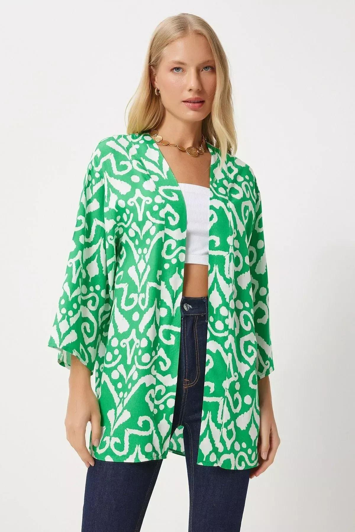Womens Green Ecru Patterned Viscose Kimono EN00615, single, , medium