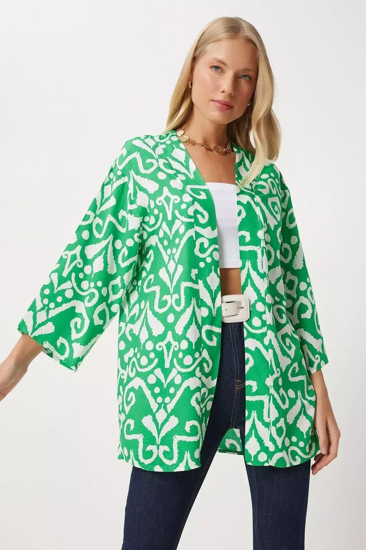 كيمونو بنمط منقوش، ألوان متعددة, Green Ecru, large image number 1
