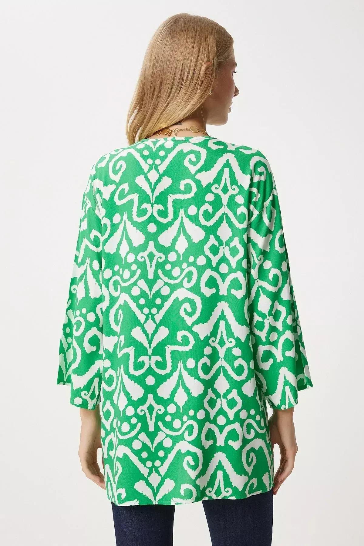 Womens Green Ecru Patterned Viscose Kimono EN00615, single, Green Ecru, large image number 4