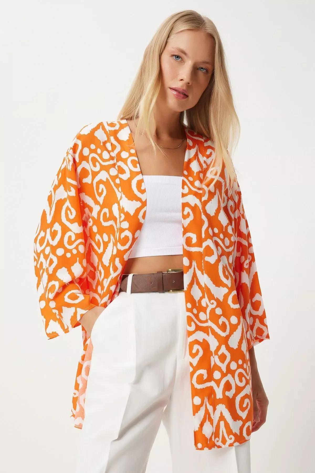 Orange Patterned Viscose Kimono, , large image number 0