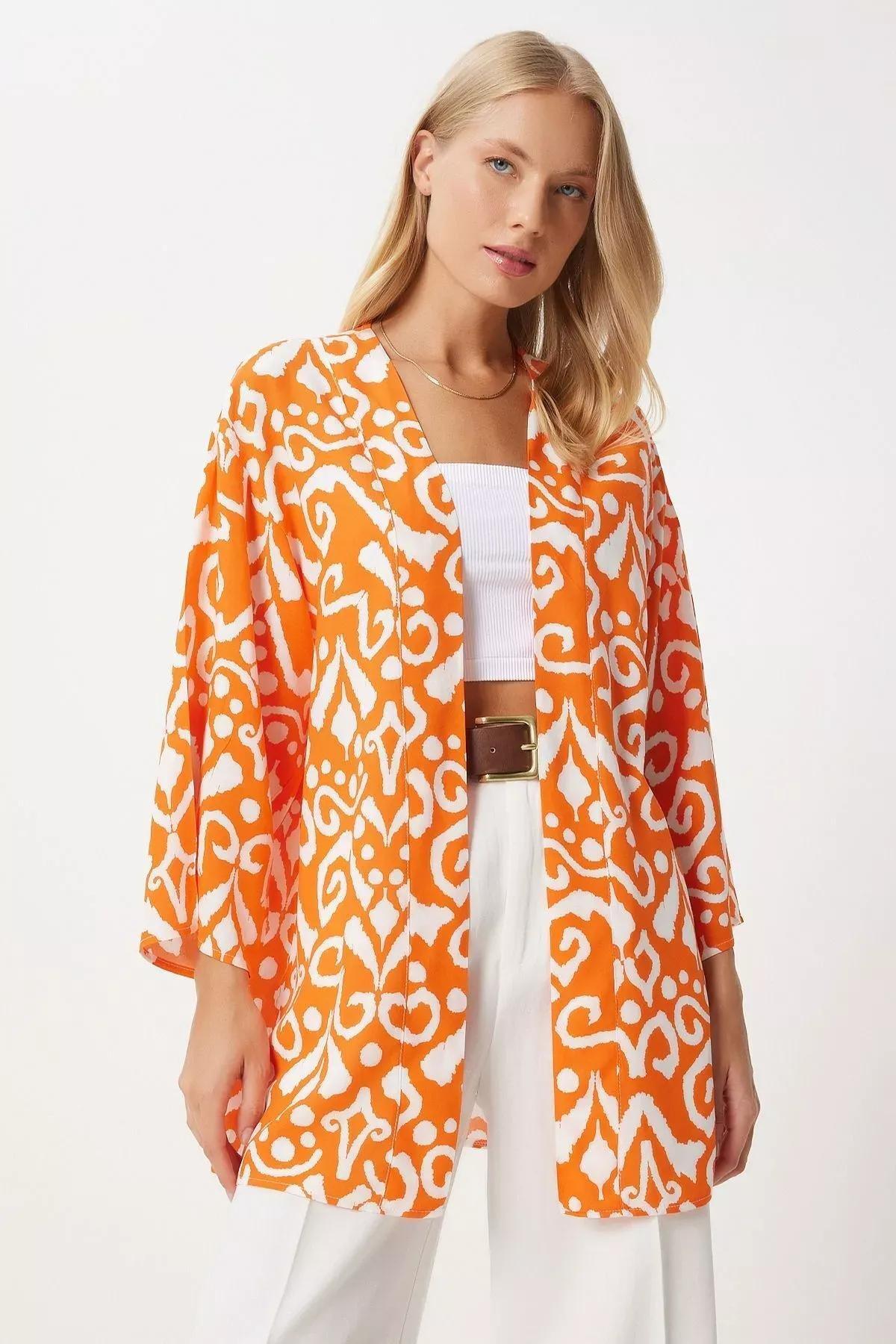 Orange Patterned Viscose Kimono, , large image number 1