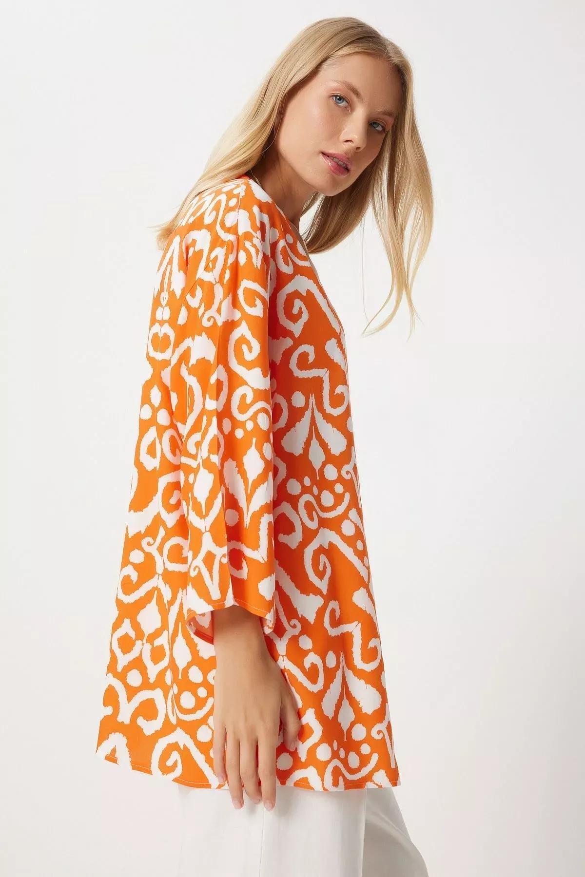 Orange Patterned Viscose Kimono, , large image number 2