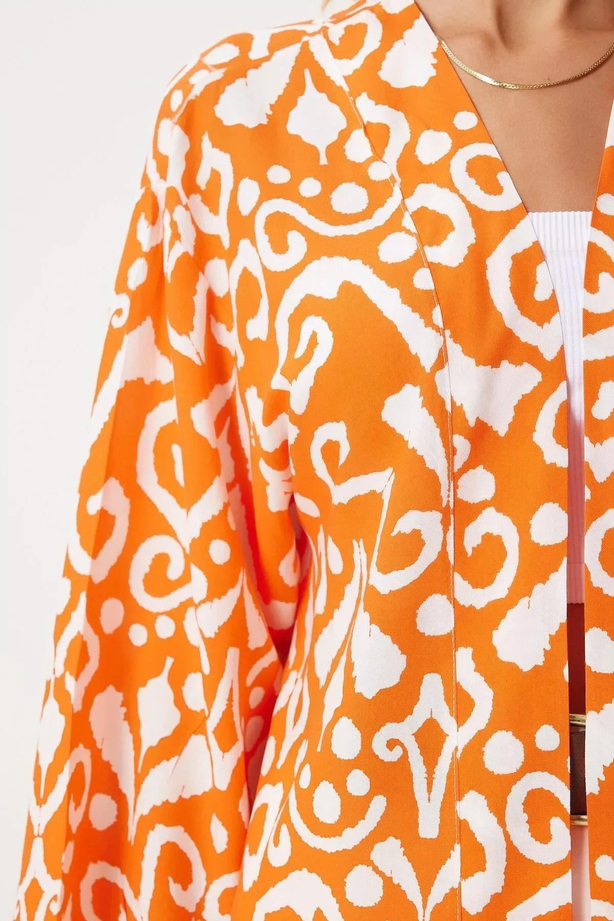 Orange Patterned Viscose Kimono, , large image number 3