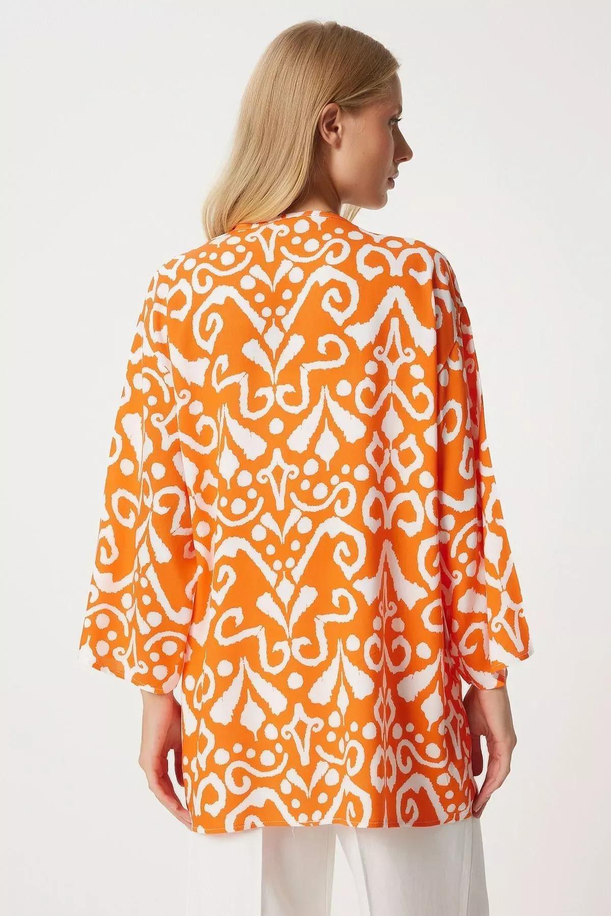 Orange Patterned Viscose Kimono, , large image number 4