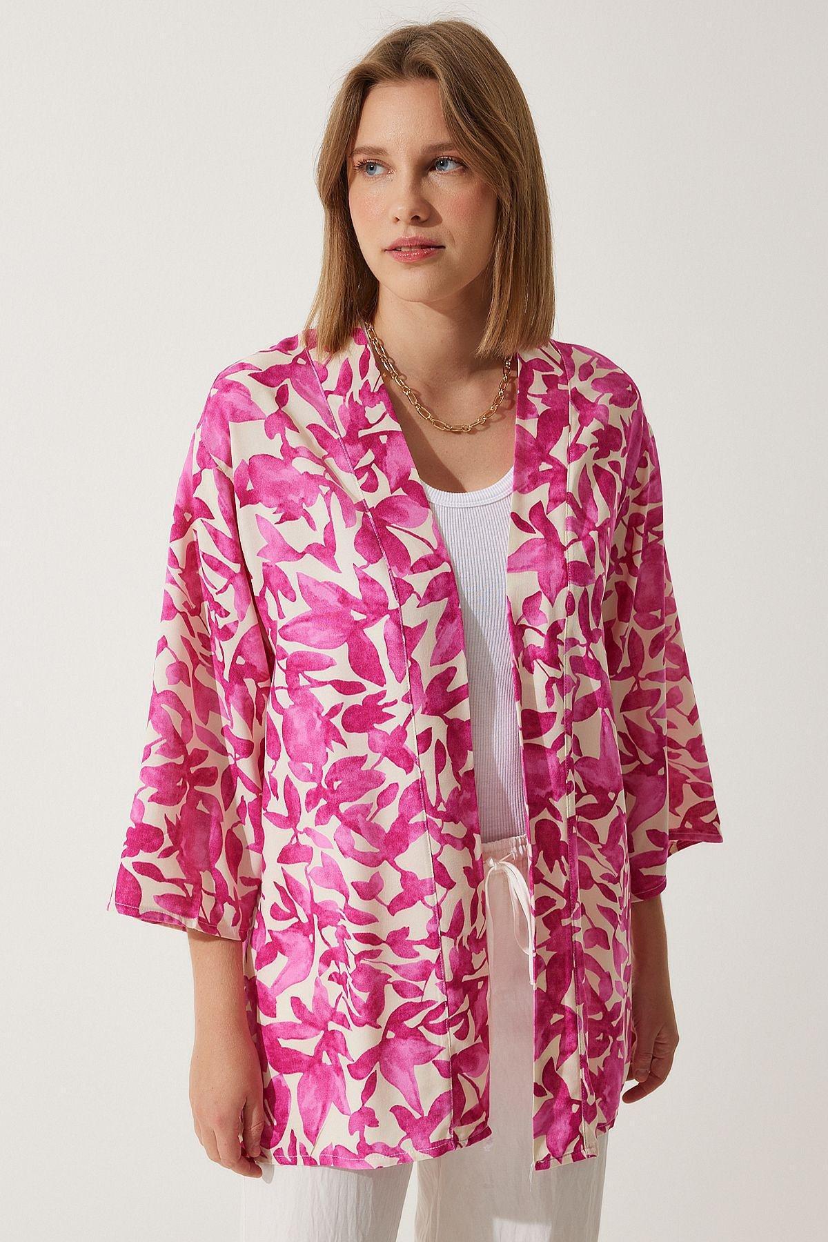 Pink Patterned Viscose Kimono, , large image number 1