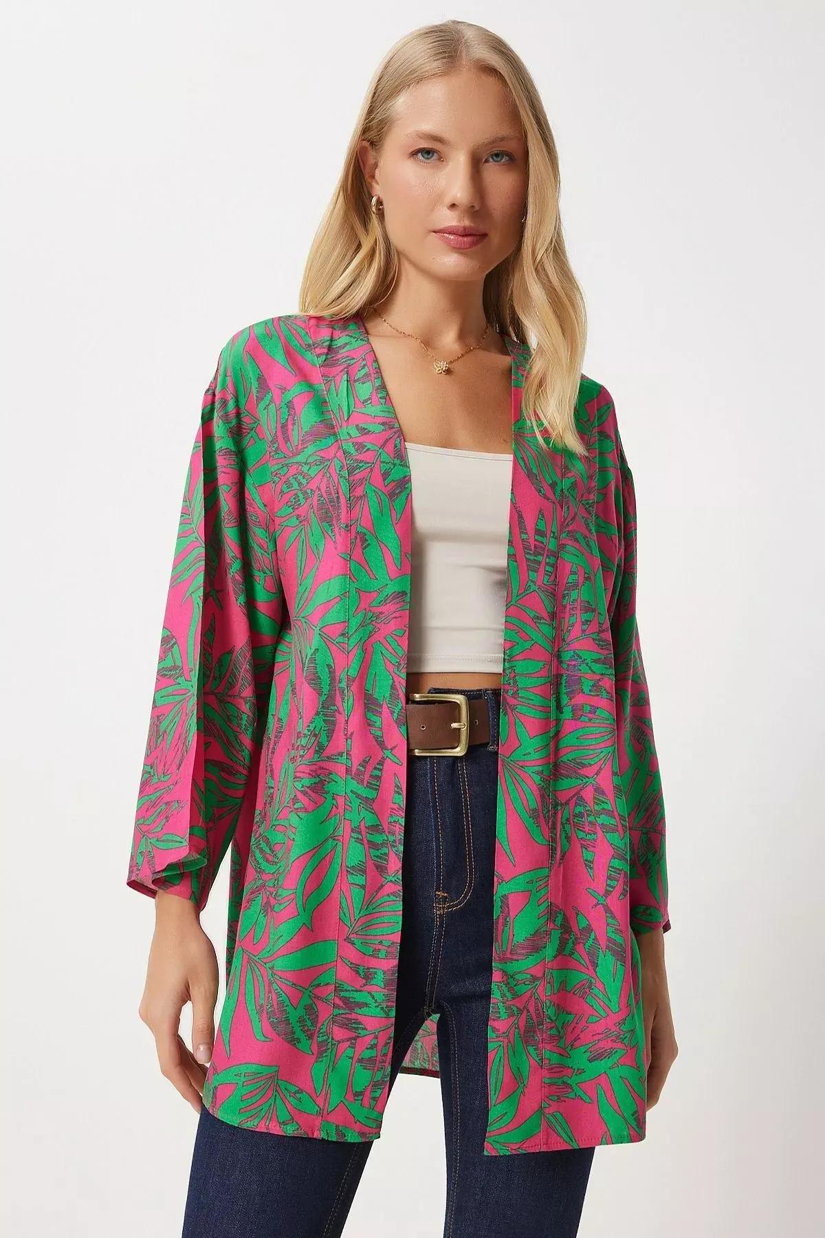 Pink Green Patterned Kimono EN00615, , large image number 0