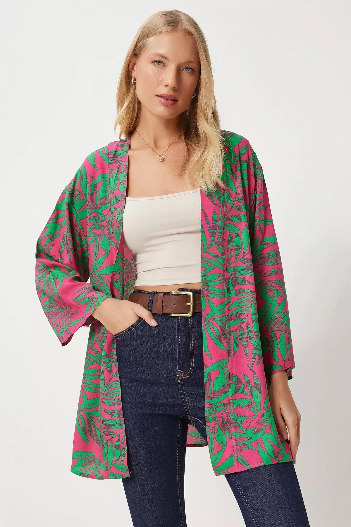 Pink Green Patterned Kimono EN00615, , large image number 1