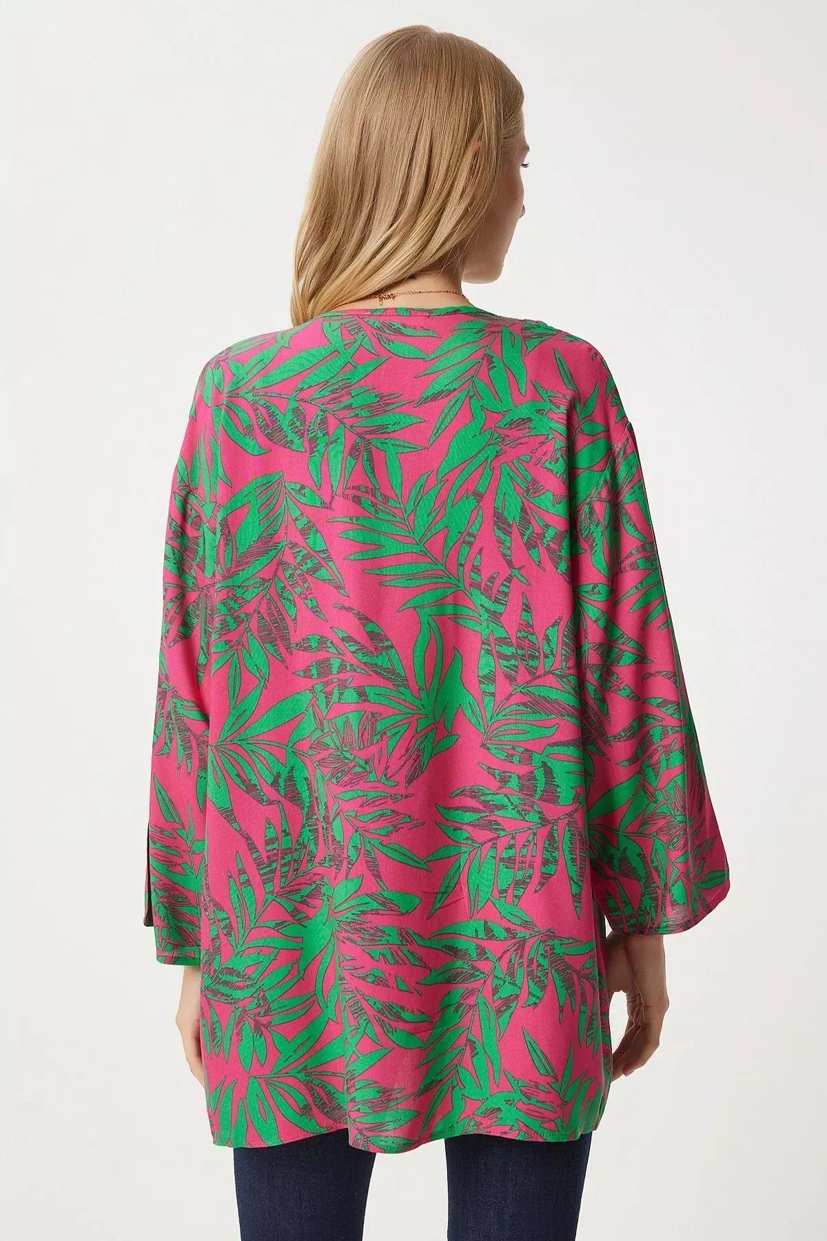 Pink Green Patterned Kimono EN00615, , large image number 4