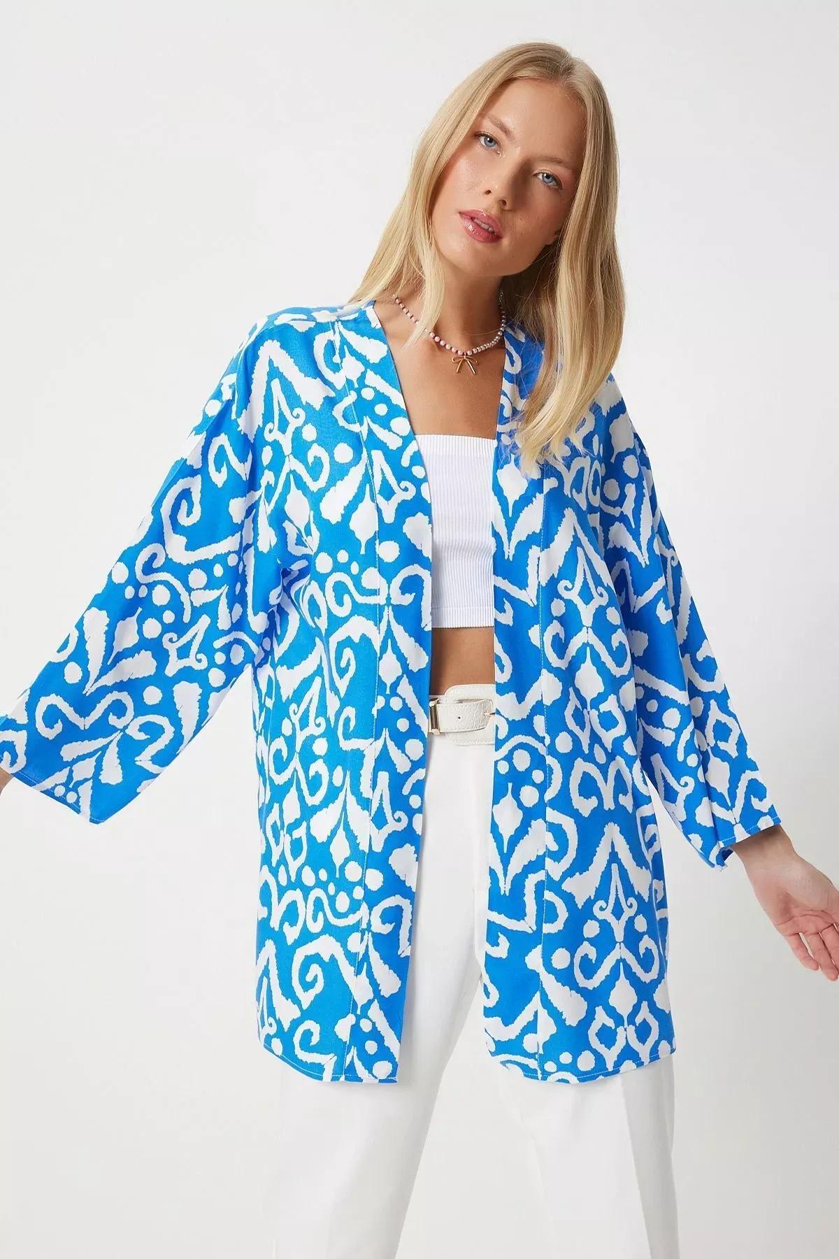 Vivid Blue Patterned Kimono, , large image number 0
