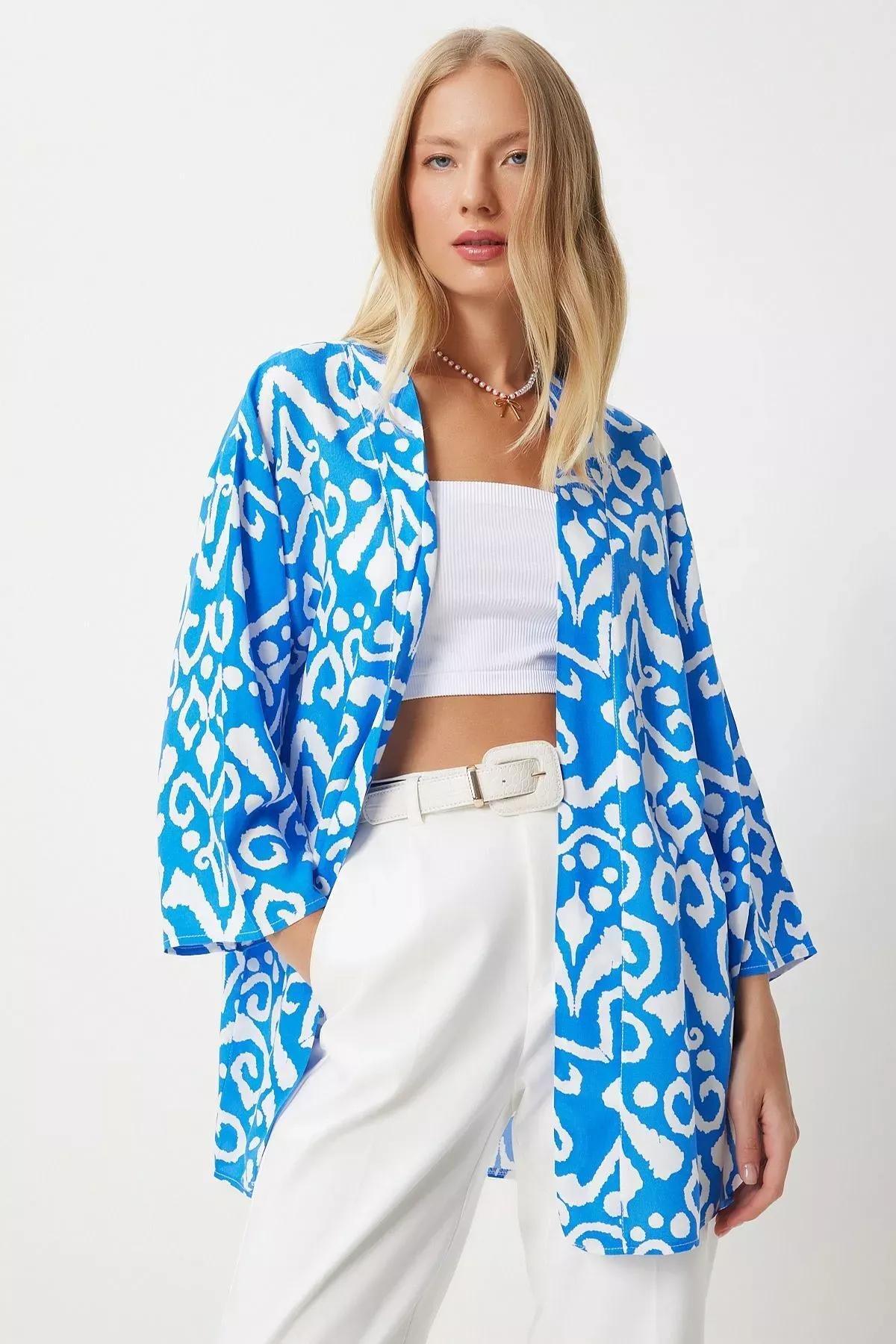 Vivid Blue Patterned Kimono, , large image number 1