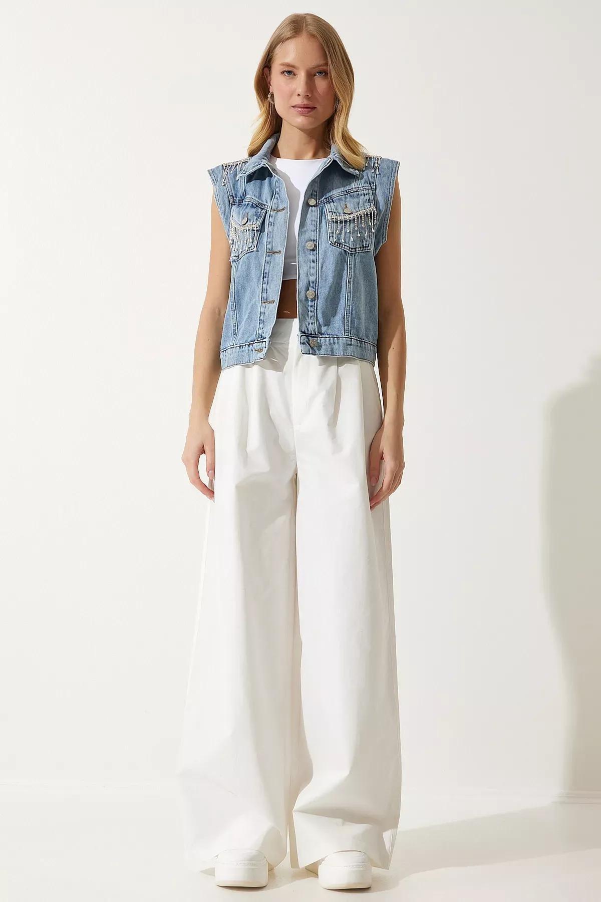 Womens Blue Stylish Chain Denim Vest RV00180, single, C101_5645, large image number 3