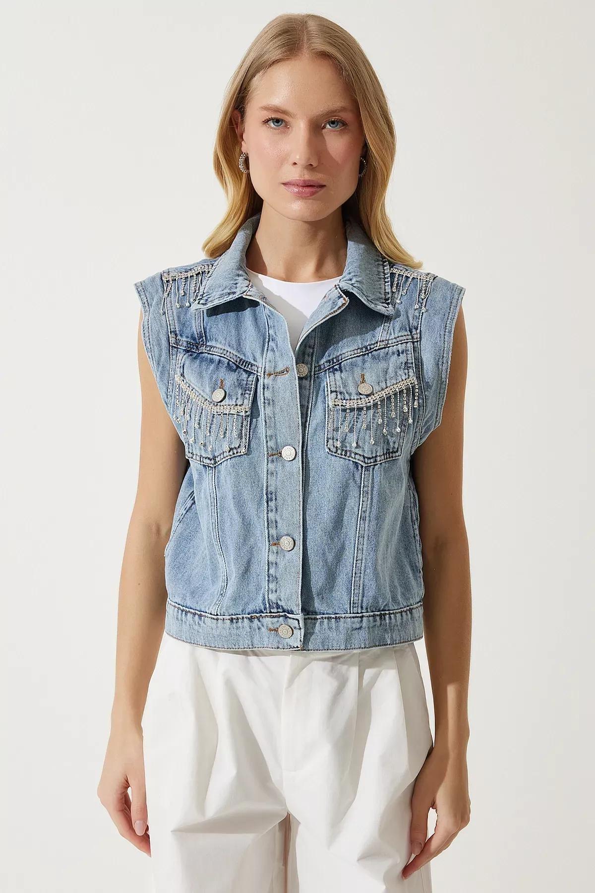 Womens Blue Stylish Chain Denim Vest RV00180, single, C101_5645, large image number 4