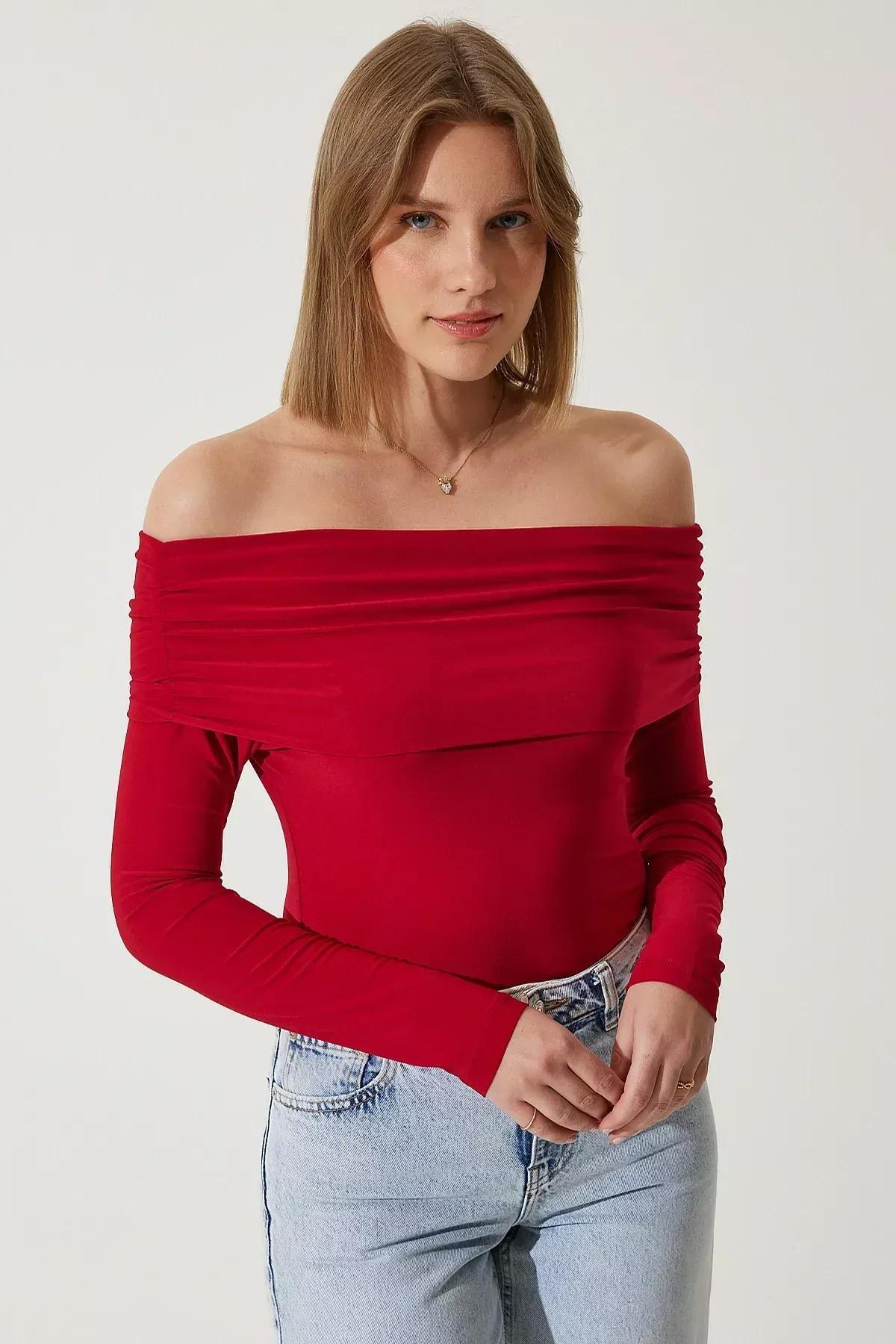 Red Ruched Blouse, Red, large image number 1