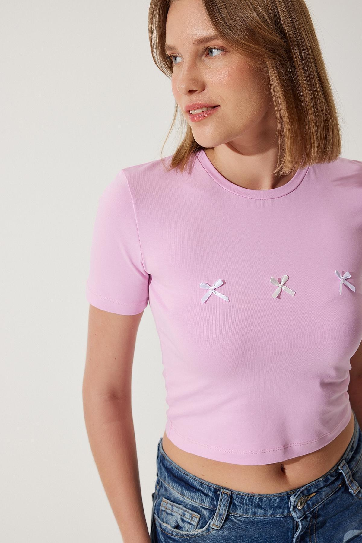 Womens Pink Bow Detailed Crop T-Shirt MC00279, single, , large image number 0