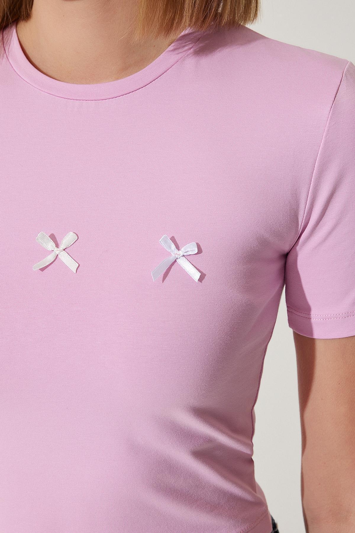 Womens Pink Bow Detailed Crop T-Shirt MC00279, single, , large image number 3