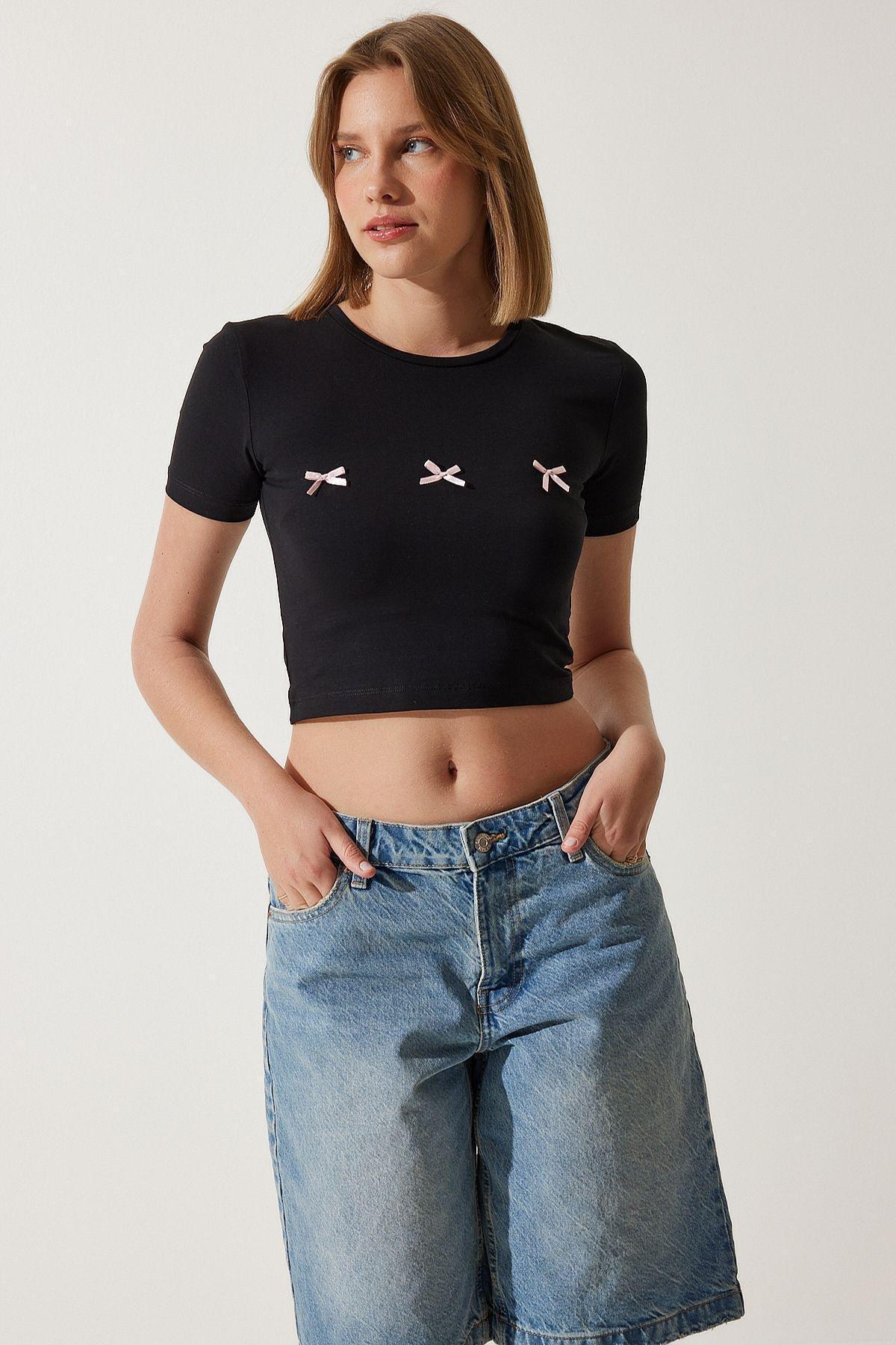 Womens Black Bow Detailed Crop T-Shirt MC00279, single, , large image number 1