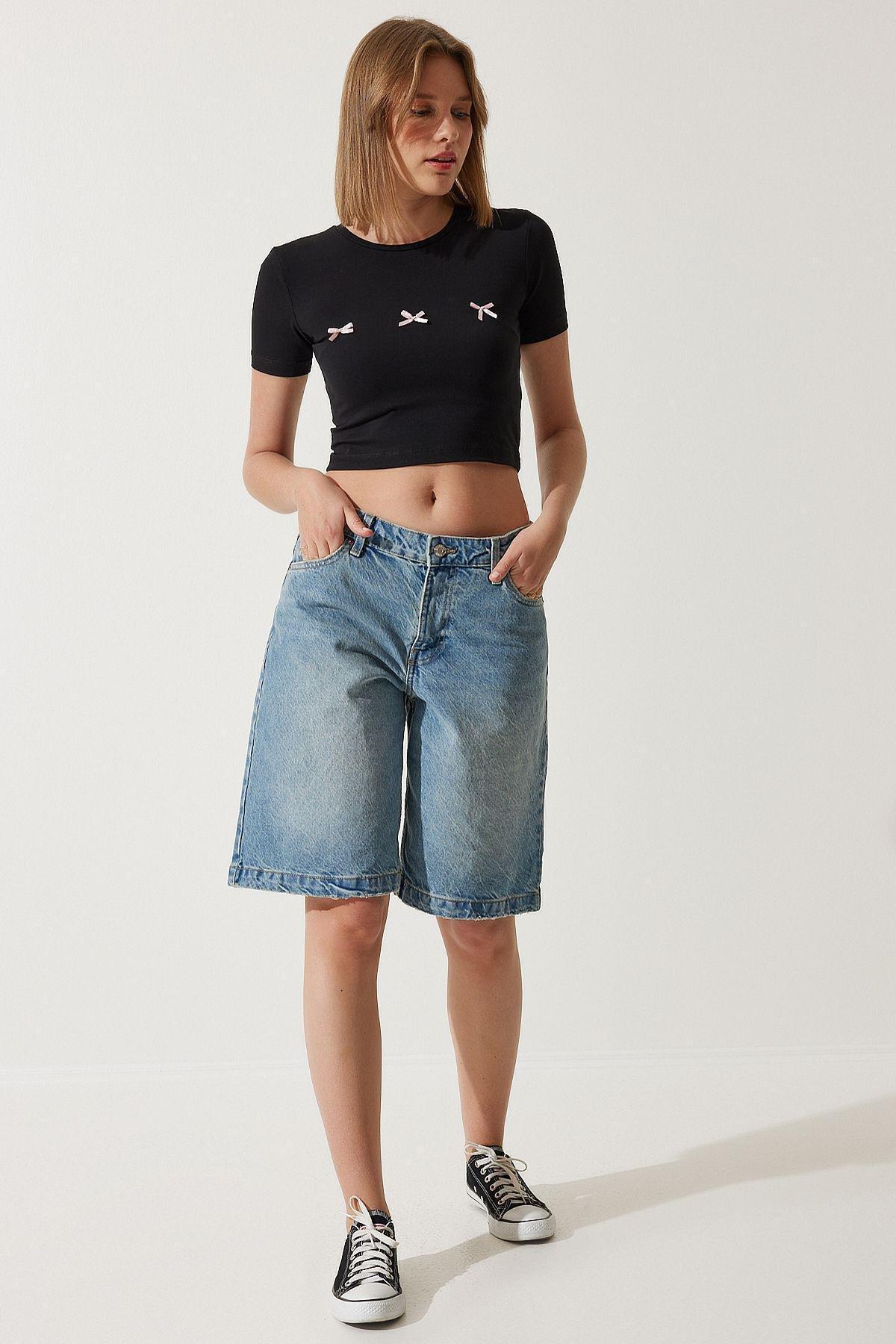 Womens Black Bow Detailed Crop T-Shirt MC00279, single, , large image number 2