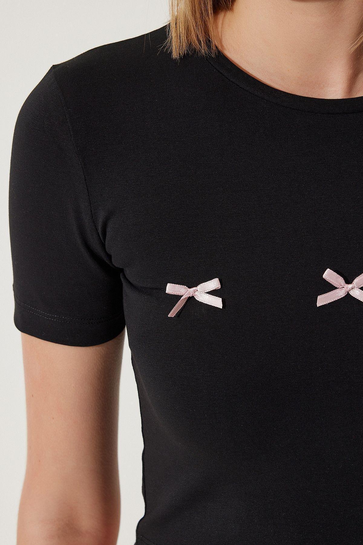 Womens Black Bow Detailed Crop T-Shirt MC00279, single, , large image number 3
