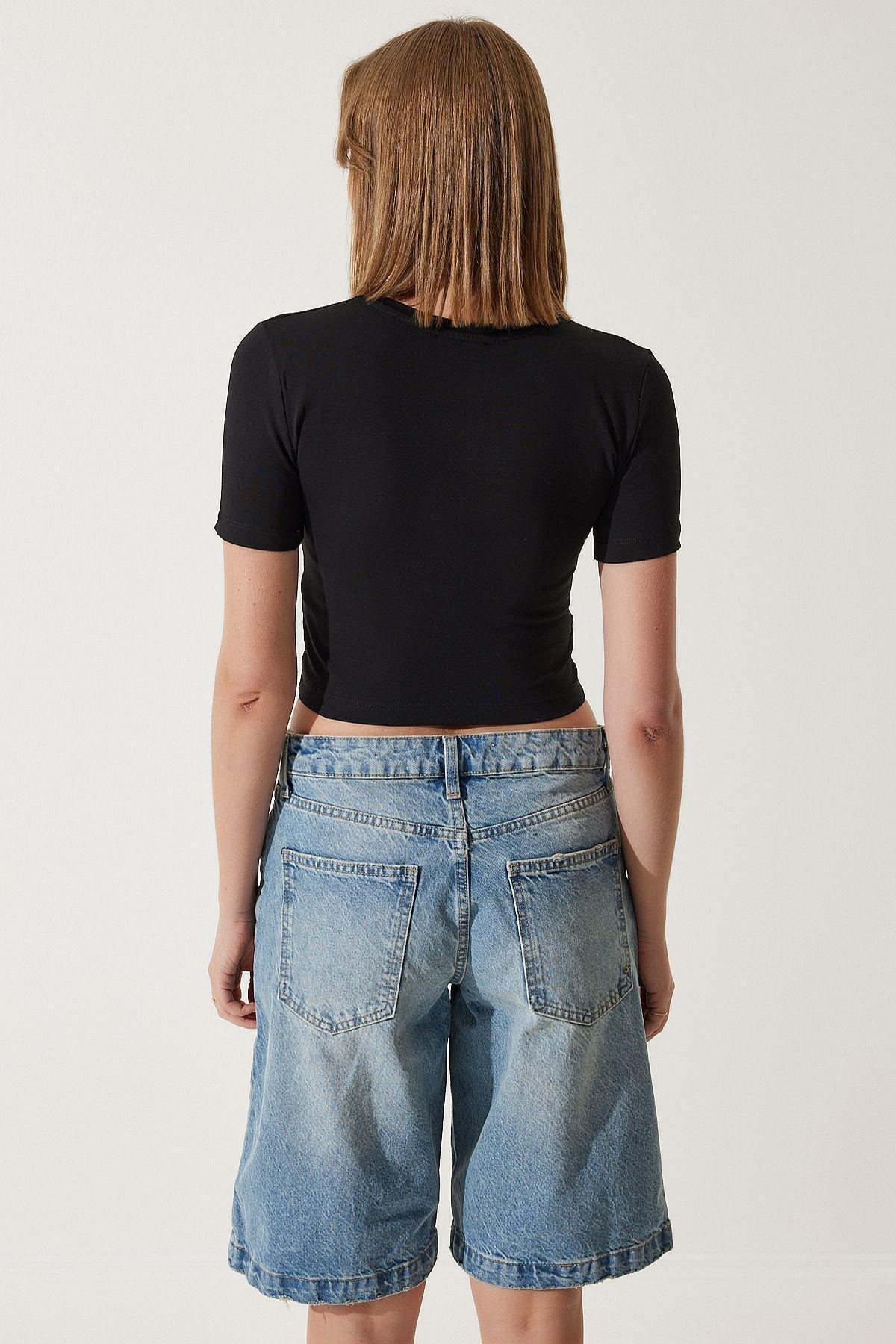 Womens Black Bow Detailed Crop T-Shirt MC00279, single, , large image number 4