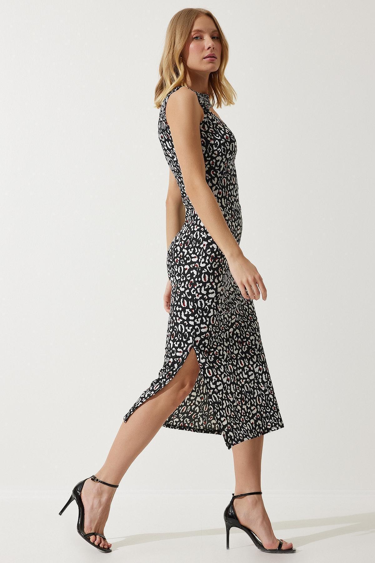 Black Animal Print Midi Dress, BLACK WHITE, large image number 2