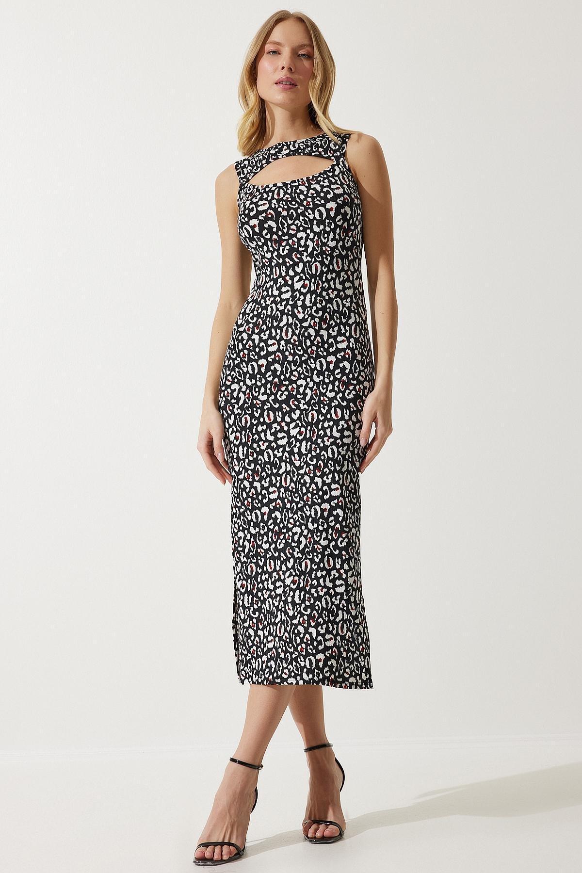 Black Animal Print Midi Dress, BLACK WHITE, large image number 3