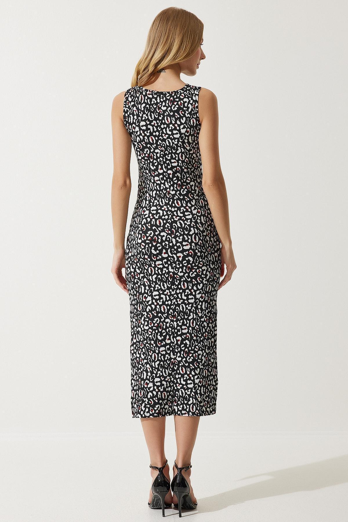 Black Animal Print Midi Dress, BLACK WHITE, large image number 5
